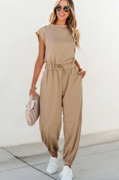 Best Dear-Lover Cap Sleeve Open Back Drawstring Jogger Jumpsuit Light French Beige