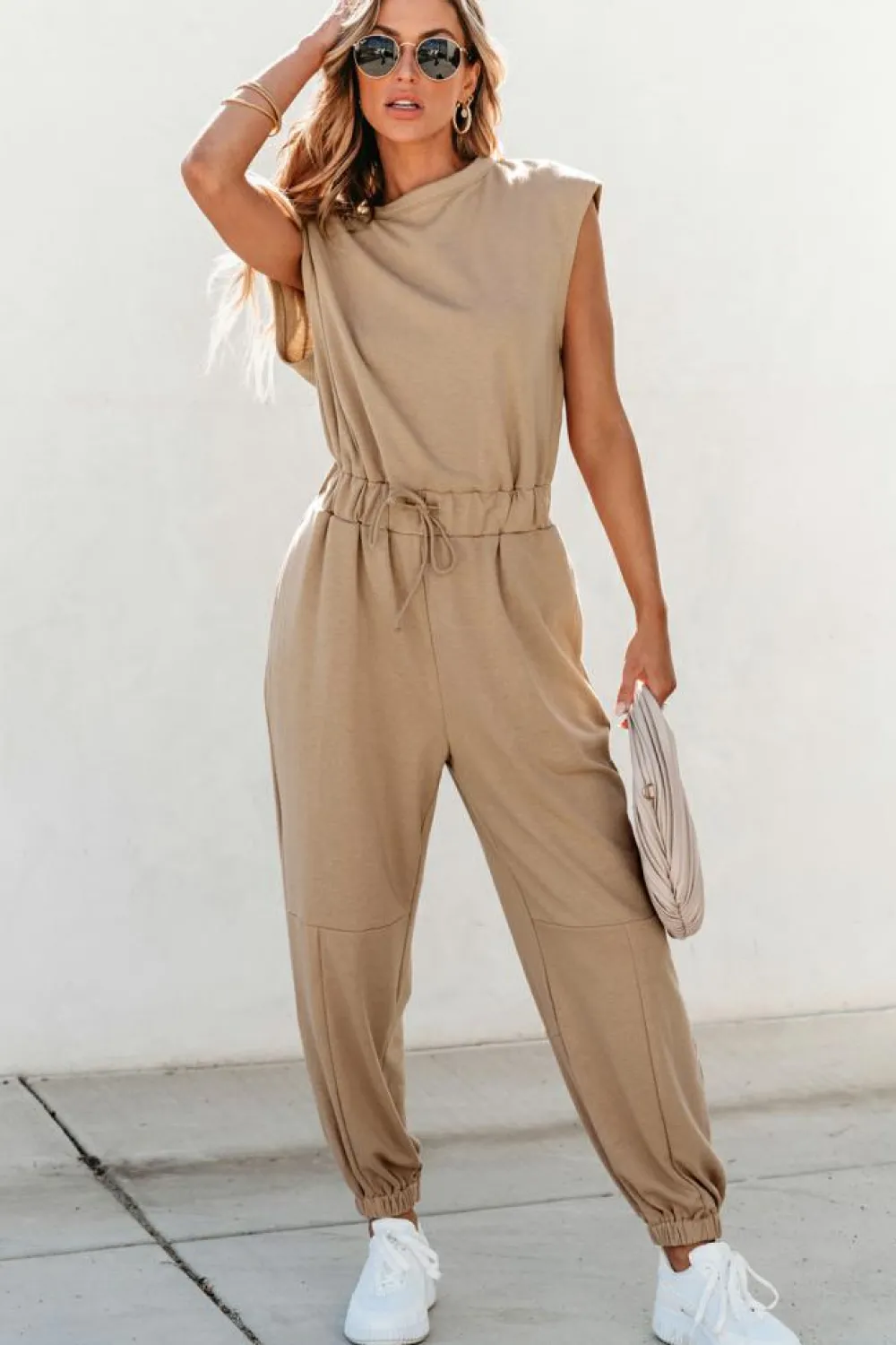 Best Dear-Lover Cap Sleeve Open Back Drawstring Jogger Jumpsuit Light French Beige