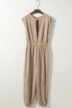 Best Dear-Lover Cap Sleeve Open Back Drawstring Jogger Jumpsuit Light French Beige