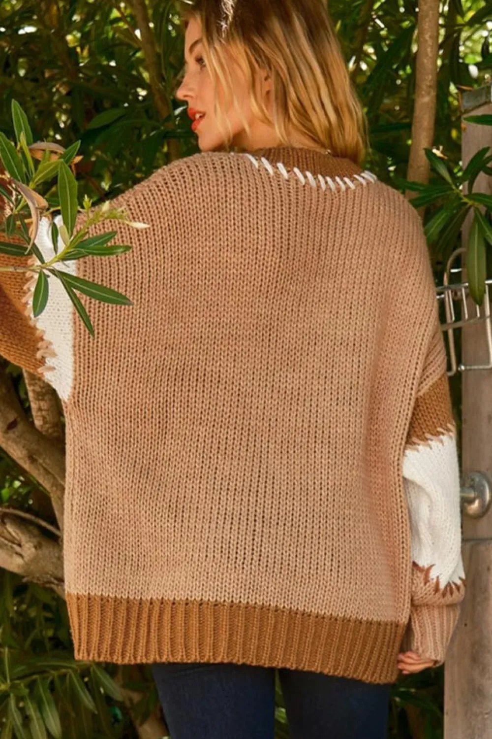 Discount Dear-Lover Color Block Contrast Stitch Oversized Sweater Light French Beige