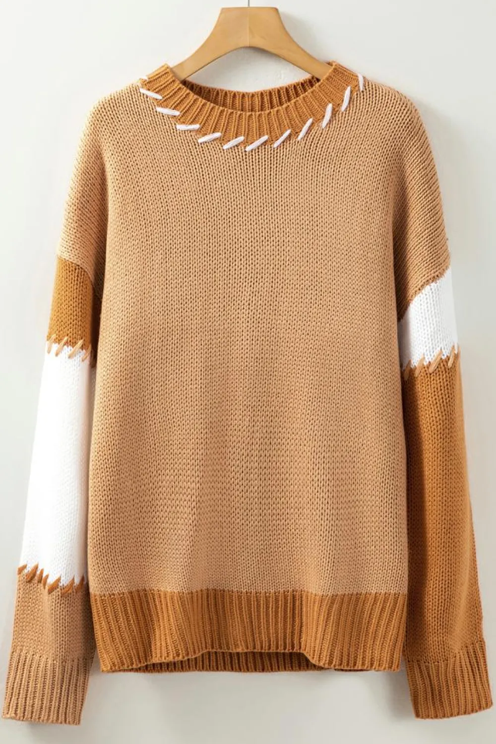 Discount Dear-Lover Color Block Contrast Stitch Oversized Sweater Light French Beige