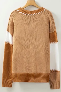 Discount Dear-Lover Color Block Contrast Stitch Oversized Sweater Light French Beige