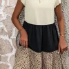 Best Dear-Lover Colorblock Dalmatian Print Ruffle Hem Flowy Dress Light French Beige