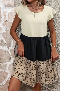 Best Dear-Lover Colorblock Dalmatian Print Ruffle Hem Flowy Dress Light French Beige