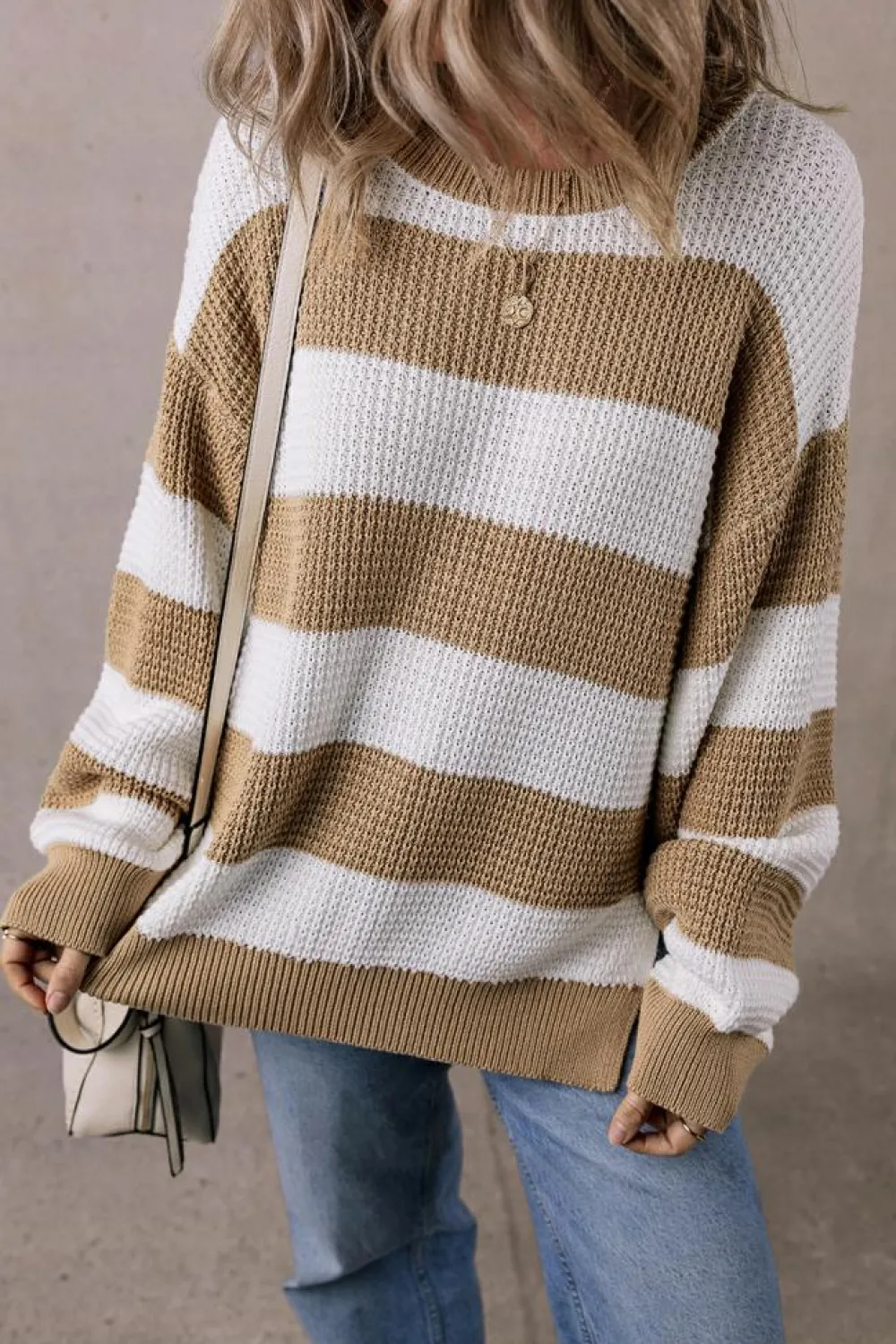 Best Dear-Lover Colorblock Striped Drop Shoulder Side Slit Sweater Light French Beige