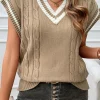 Online Dear-Lover Colorblock V Neck Cap Sleeve Cable Knit Sweater Light French Beige