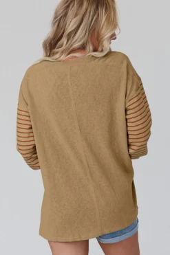 Discount Dear-Lover Colorblock Striped Bishop Sleeve Top Light French Beige