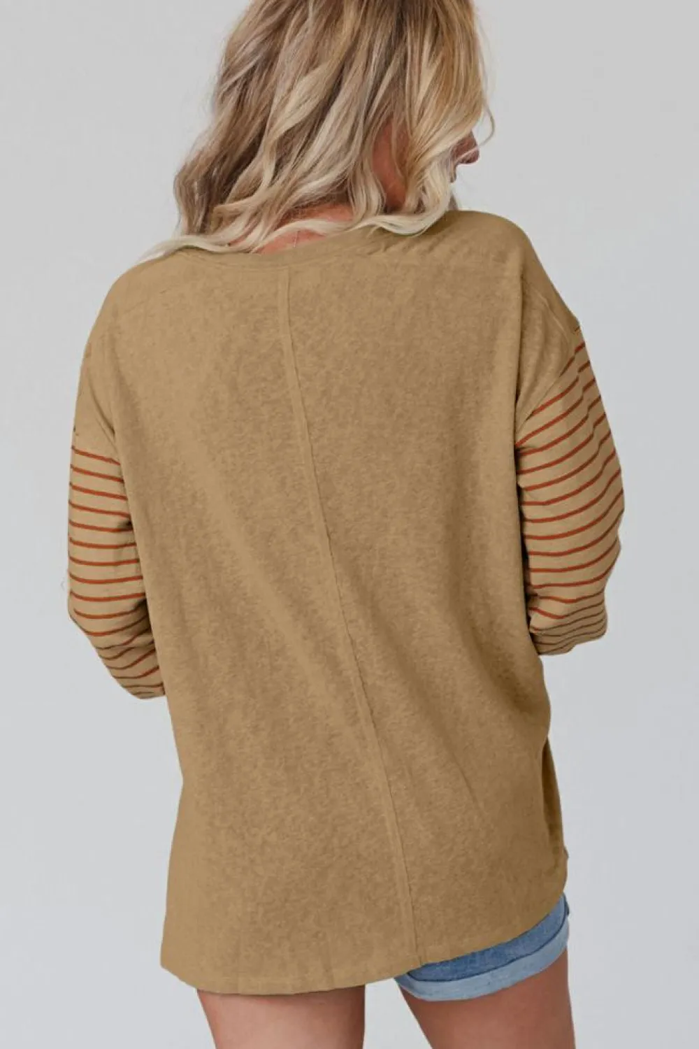 Discount Dear-Lover Colorblock Striped Bishop Sleeve Top Light French Beige