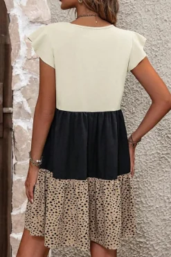 Best Dear-Lover Colorblock Dalmatian Print Ruffle Hem Flowy Dress Light French Beige