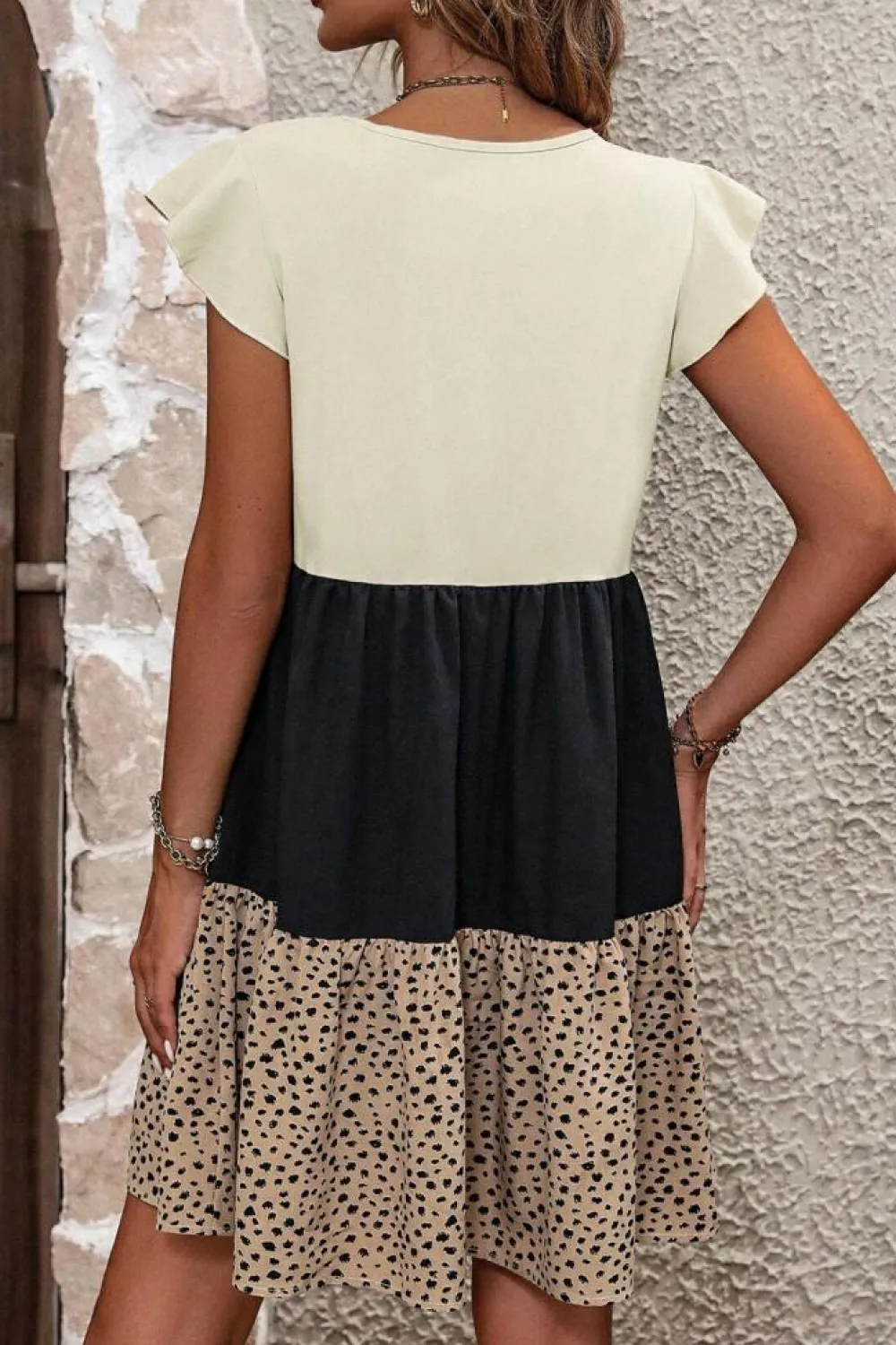 Best Dear-Lover Colorblock Dalmatian Print Ruffle Hem Flowy Dress Light French Beige
