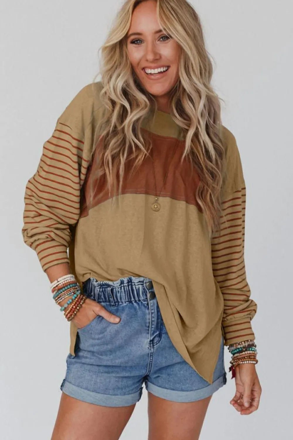 Discount Dear-Lover Colorblock Striped Bishop Sleeve Top Light French Beige