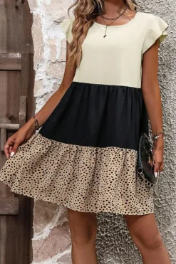 Best Dear-Lover Colorblock Dalmatian Print Ruffle Hem Flowy Dress Light French Beige