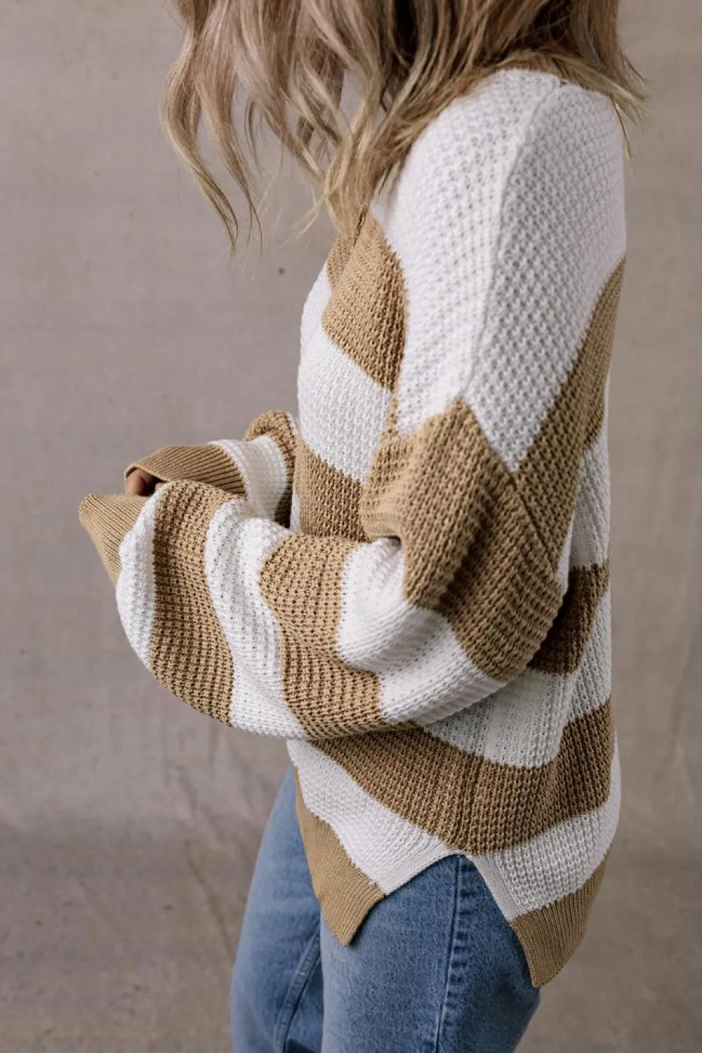 Best Dear-Lover Colorblock Striped Drop Shoulder Side Slit Sweater Light French Beige