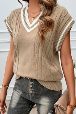 Online Dear-Lover Colorblock V Neck Cap Sleeve Cable Knit Sweater Light French Beige