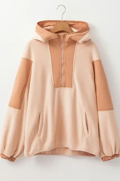 Online Dear-Lover Colorblock Patchwork Half Zip Oversized Sherpa Hoodie Light French Beige