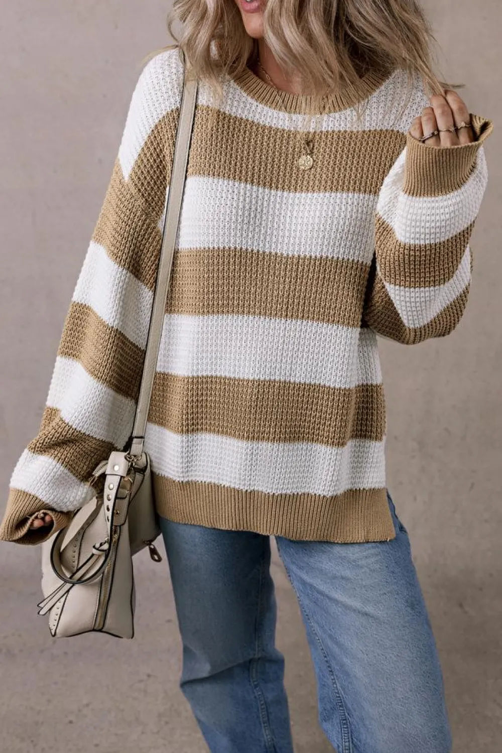 Best Dear-Lover Colorblock Striped Drop Shoulder Side Slit Sweater Light French Beige