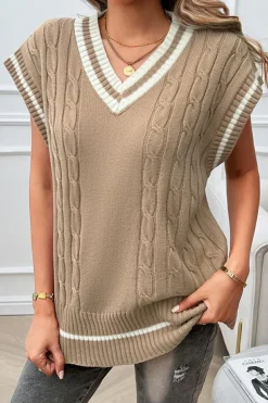 Online Dear-Lover Colorblock V Neck Cap Sleeve Cable Knit Sweater Light French Beige