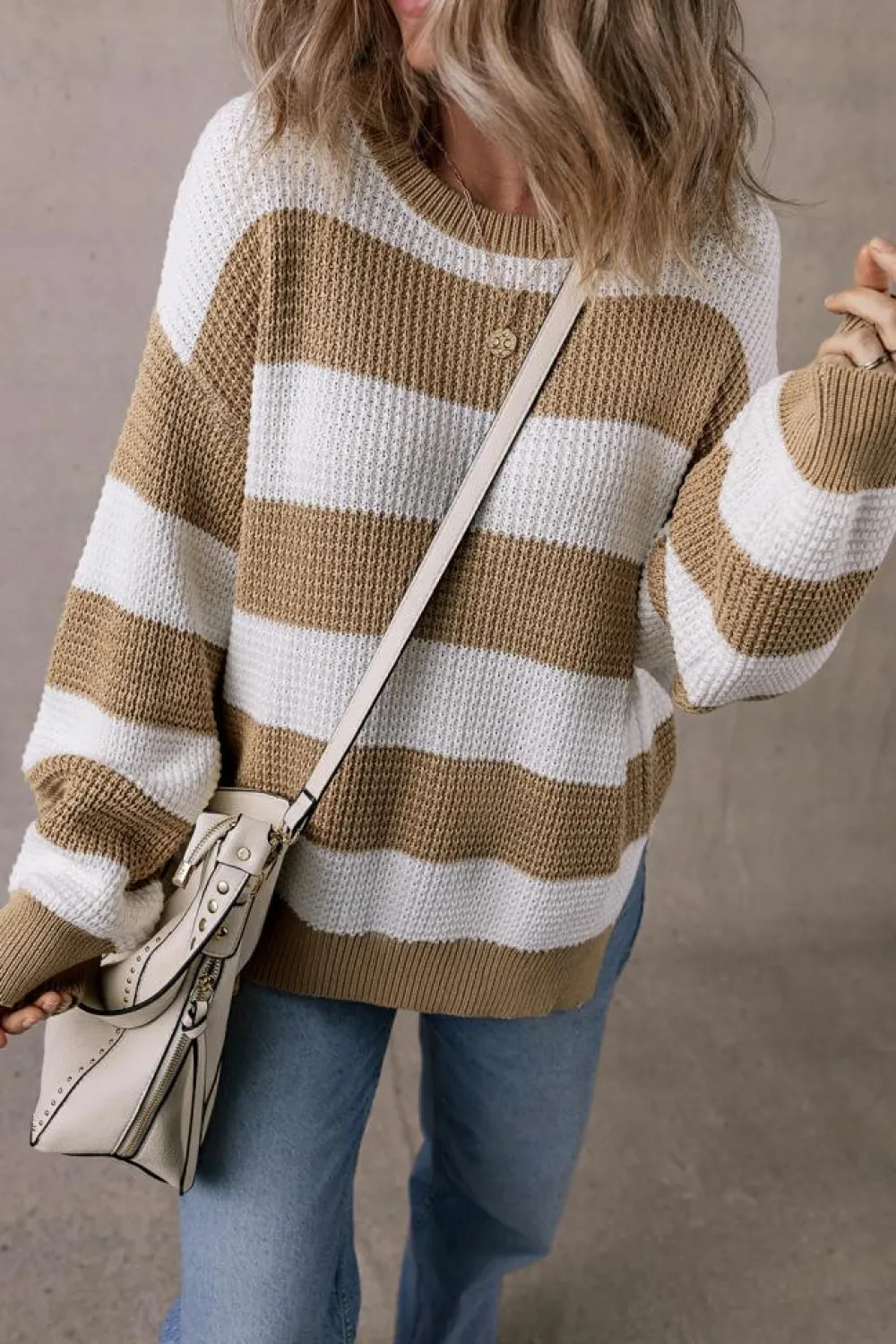 Best Dear-Lover Colorblock Striped Drop Shoulder Side Slit Sweater Light French Beige