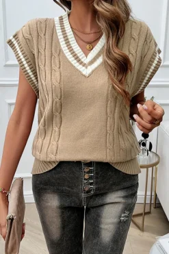 Online Dear-Lover Colorblock V Neck Cap Sleeve Cable Knit Sweater Light French Beige