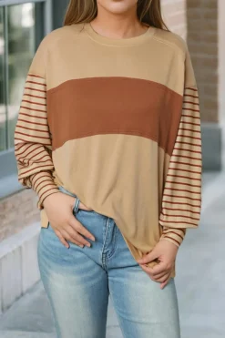 Discount Dear-Lover Colorblock Striped Bishop Sleeve Top Light French Beige