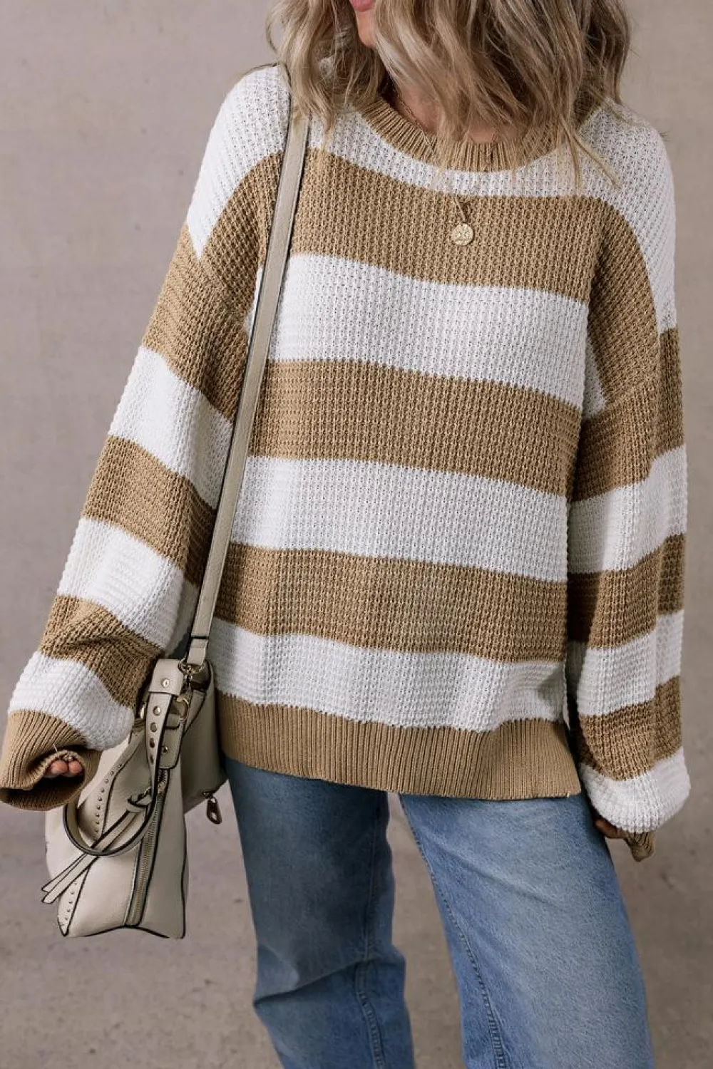 Best Dear-Lover Colorblock Striped Drop Shoulder Side Slit Sweater Light French Beige