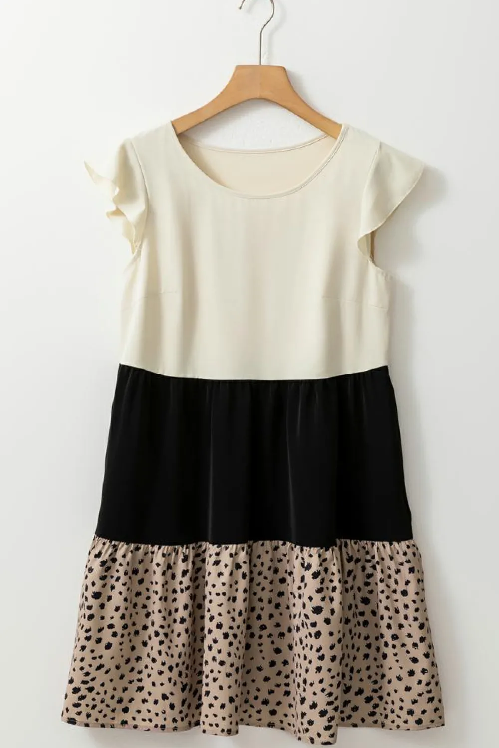 Best Dear-Lover Colorblock Dalmatian Print Ruffle Hem Flowy Dress Light French Beige