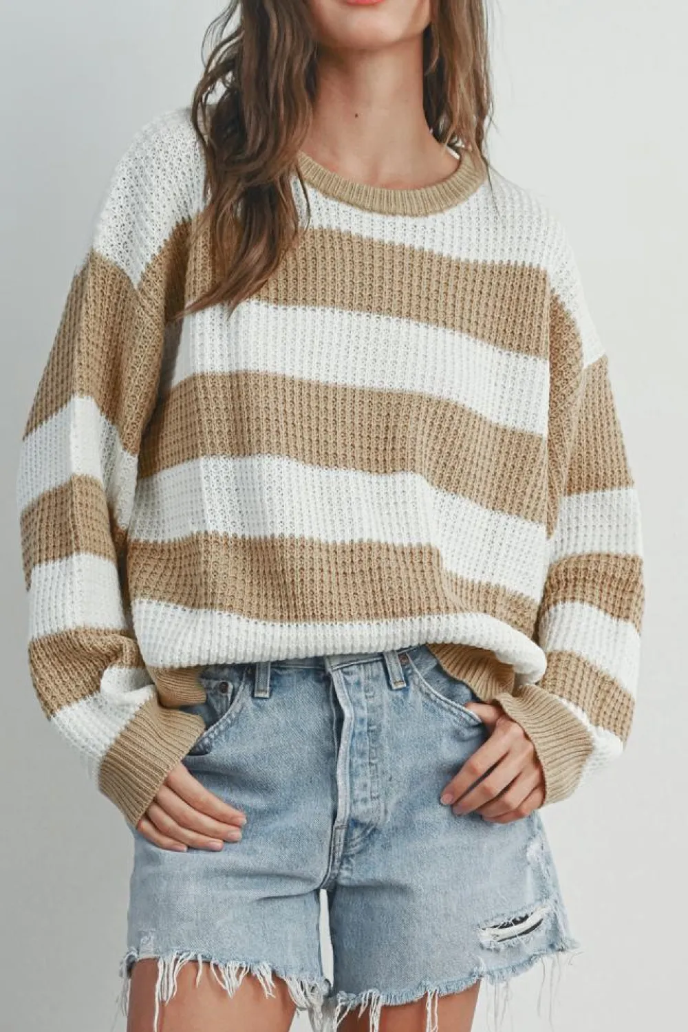 Best Dear-Lover Colorblock Striped Drop Shoulder Side Slit Sweater Light French Beige