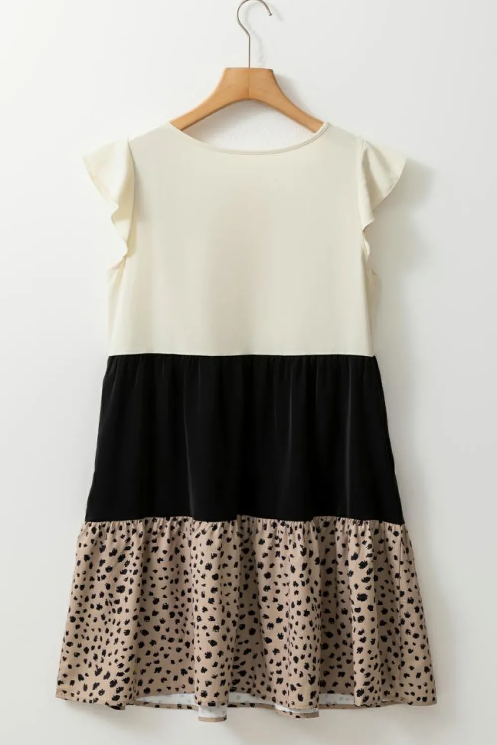 Best Dear-Lover Colorblock Dalmatian Print Ruffle Hem Flowy Dress Light French Beige