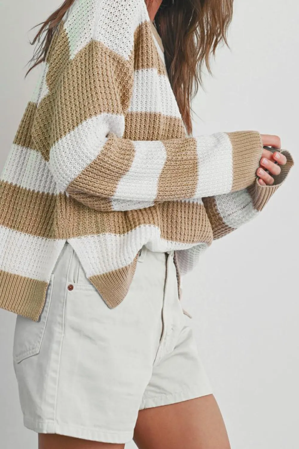 Best Dear-Lover Colorblock Striped Drop Shoulder Side Slit Sweater Light French Beige