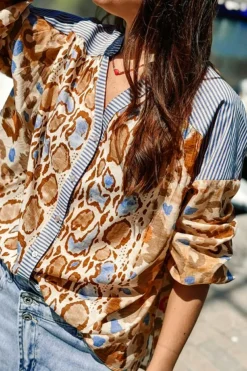 Discount Dear-Lover Colorful Leopard Striped Print Patchwork V Neck Shirt Light French Beige