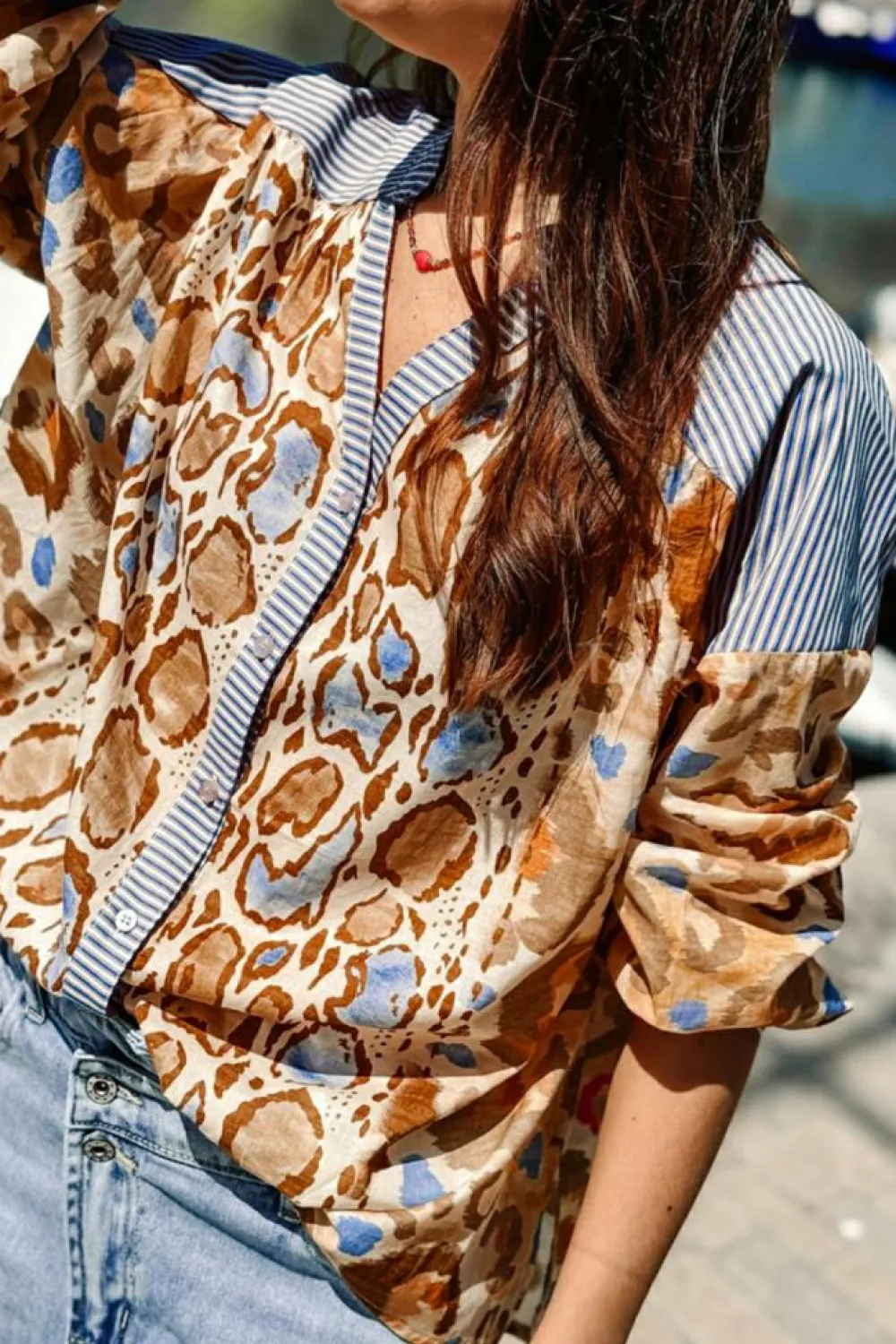 Discount Dear-Lover Colorful Leopard Striped Print Patchwork V Neck Shirt Light French Beige