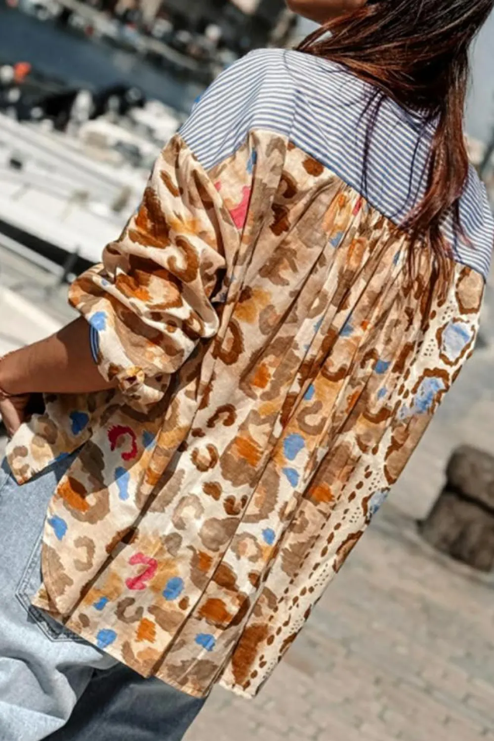 Discount Dear-Lover Colorful Leopard Striped Print Patchwork V Neck Shirt Light French Beige