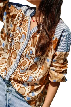 Discount Dear-Lover Colorful Leopard Striped Print Patchwork V Neck Shirt Light French Beige