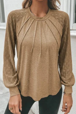 New Dear-Lover Contrast Lace Raglan Sleeve Plicate Round Neck Top Light French Beige