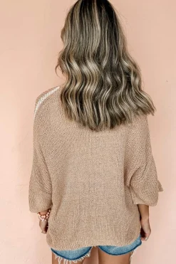 Online Dear-Lover Contrast Striped 3/4 Sleeve Crew Neck Sweater Light French Beige