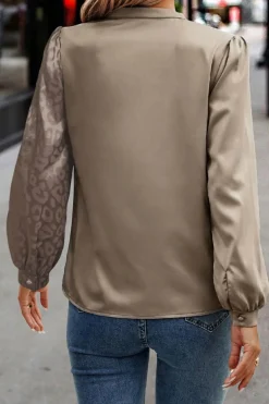 New Dear-Lover Contrast Half Leopard Jacquard Satin Blouse Light French Beige