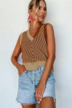 Discount Dear-Lover Contrast Chevron Knit V Neck Sweater Vest Light French Beige