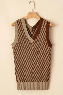 Discount Dear-Lover Contrast Chevron Knit V Neck Sweater Vest Light French Beige