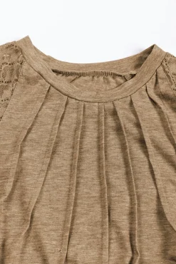 New Dear-Lover Contrast Lace Raglan Sleeve Plicate Round Neck Top Light French Beige