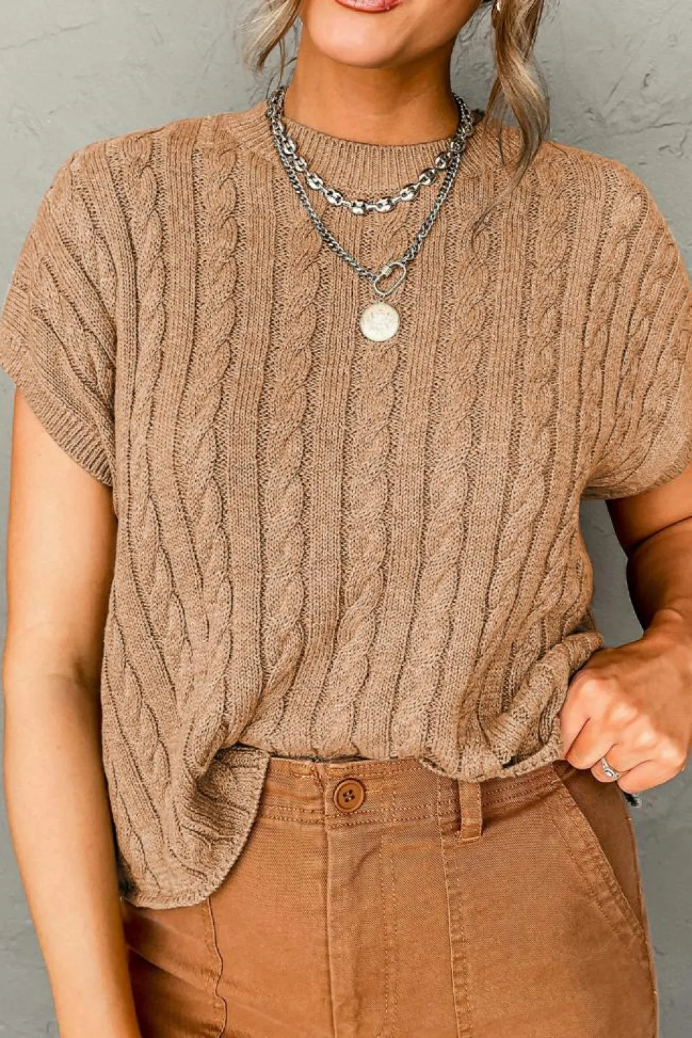 Best Dear-Lover Crew Neck Cable Knit Short Sleeve Sweater Light French Beige