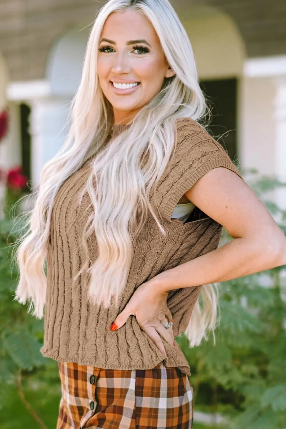 Best Dear-Lover Crew Neck Cable Knit Short Sleeve Sweater Light French Beige