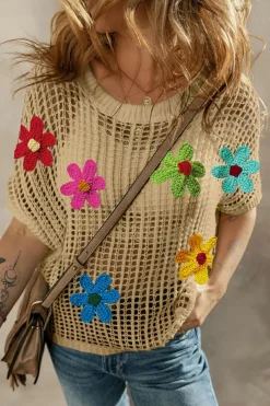 Sale Dear-Lover Crochet Flower Hollow-out Sweater T Shirt Light French Beige
