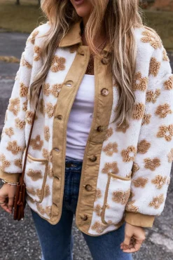 Hot Dear-Lover Cute Flower Pattern Button Up Fleece Jacket Light French Beige