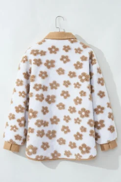 Hot Dear-Lover Cute Flower Pattern Button Up Fleece Jacket Light French Beige