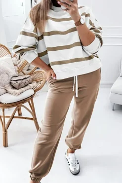 Fashion Dear-Lover Drop Shoulder Pullover and Jogger Pants Set Light French Beige
