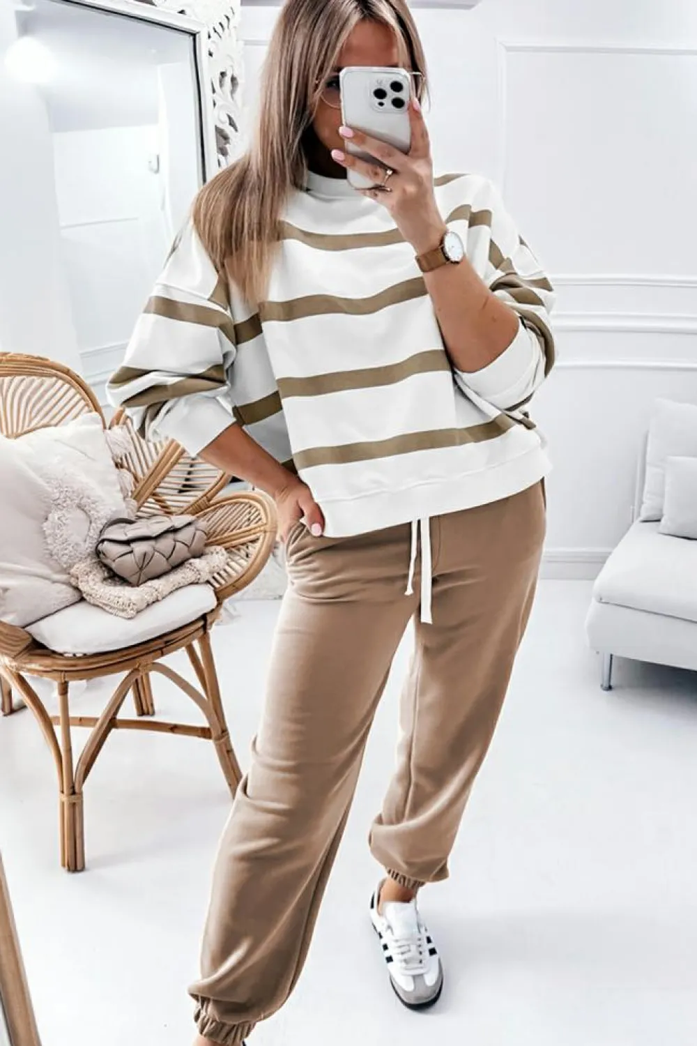 Fashion Dear-Lover Drop Shoulder Pullover and Jogger Pants Set Light French Beige
