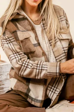 New Dear-Lover Flannel Plaid Double Flap Pocket Shacket Light French Beige