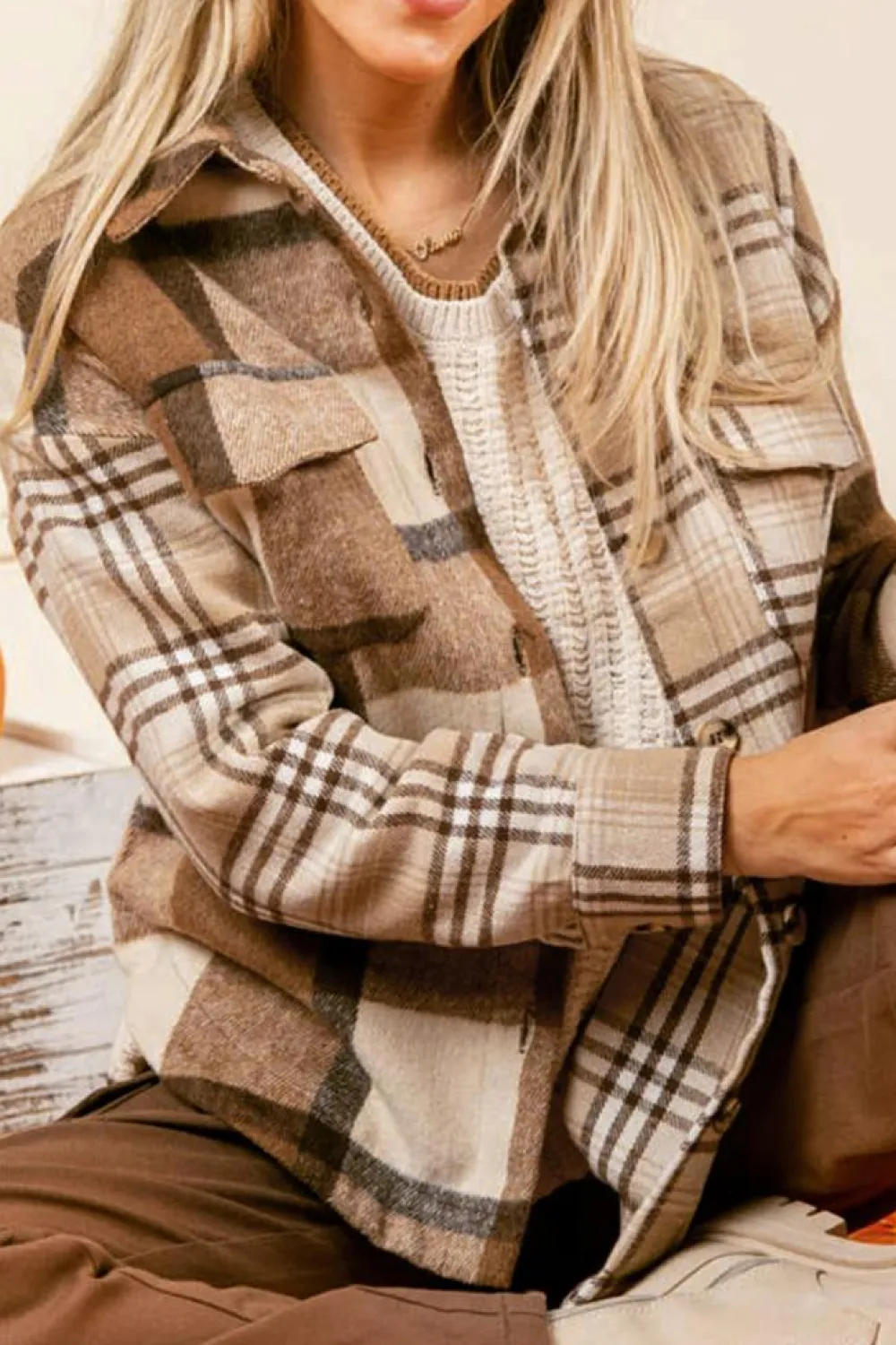 New Dear-Lover Flannel Plaid Double Flap Pocket Shacket Light French Beige
