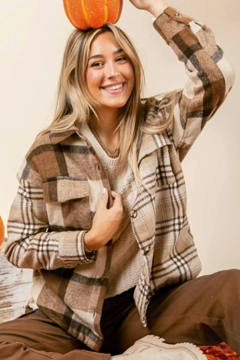 New Dear-Lover Flannel Plaid Double Flap Pocket Shacket Light French Beige