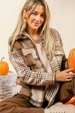 New Dear-Lover Flannel Plaid Double Flap Pocket Shacket Light French Beige